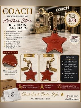 Coach Leather Star Keychain Bag Charm Burnt Orange GUC